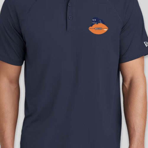 Navy New Era polo shirt with small embroidered Boxhead Bears logo on left chest in navy, white, orange, and black. Features raglan sleeves, three-button placket, and reflective New Era flag logo on sleeve.