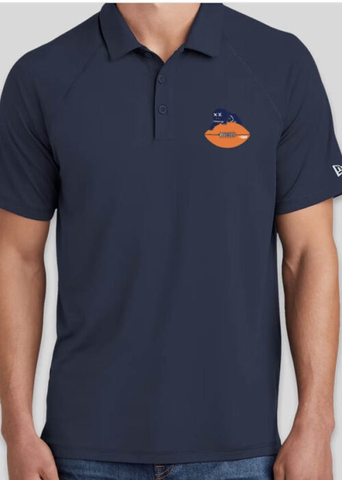 Navy New Era polo shirt with small embroidered Boxhead Bears logo on left chest in navy, white, orange, and black. Features raglan sleeves, three-button placket, and reflective New Era flag logo on sleeve.