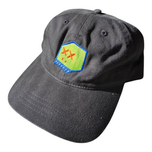 Boxhead Dad Hat Lizard hat – green lizard head with blue outline, orange eyes, white teeth, and red nostrils embroidered on structured black golf hat.