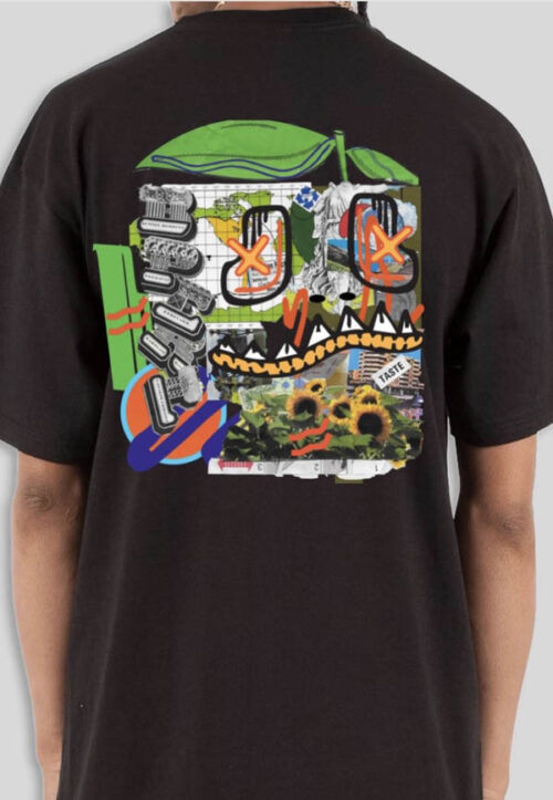 Bperl original analog-digital collage print on the back of the "Bperl Taste Tee". Design includes bold mash-up graphics with blue outline, green head, orange eyes, white teeth, and red nostrils. Photo shows a model wearing the shirt, showing the back of the tee.